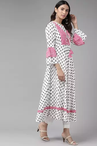 Women'S Rayon Floral Printed Anarkali Kurta (White)