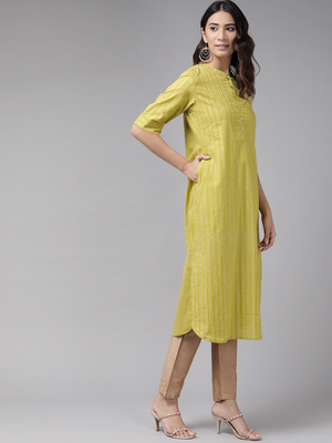 Women'S Cotton Stripe Gold Printed Straight Kurta (Green) 5