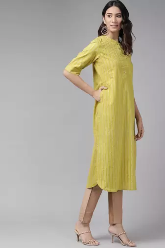 Women'S Cotton Stripe Gold Printed Straight Kurta (Green)