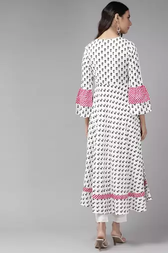 Women'S Rayon Floral Printed Anarkali Kurta (White)