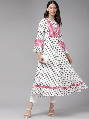 Women'S Rayon Floral Printed Anarkali Kurta (White) 5