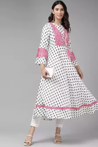 Women'S Rayon Floral Printed Anarkali Kurta (White)