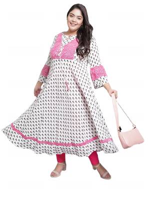 Women'S Plus Size Rayon Floral Printed Anarkali Kurti (White) 1