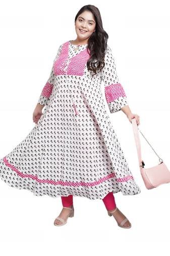 Women'S Plus Size Rayon Floral Printed Anarkali Kurti (White)