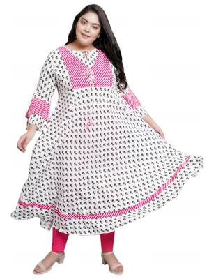 Women'S Plus Size Rayon Floral Printed Anarkali Kurti (White) 2