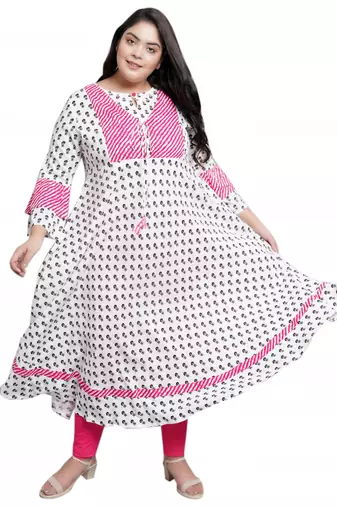 Women'S Plus Size Rayon Floral Printed Anarkali Kurti (White)