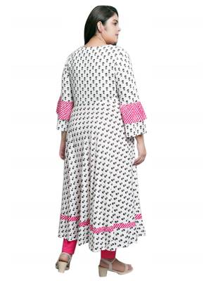 Women'S Plus Size Rayon Floral Printed Anarkali Kurti (White) 3