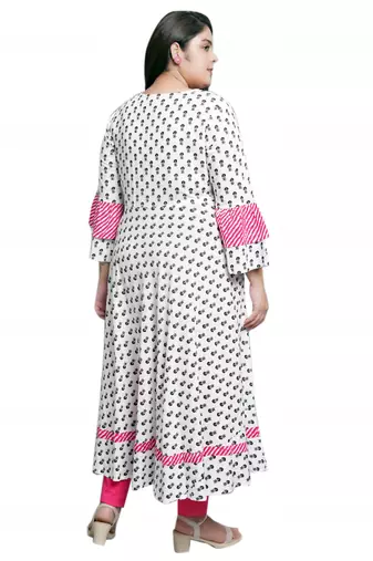 Women'S Plus Size Rayon Floral Printed Anarkali Kurti (White)