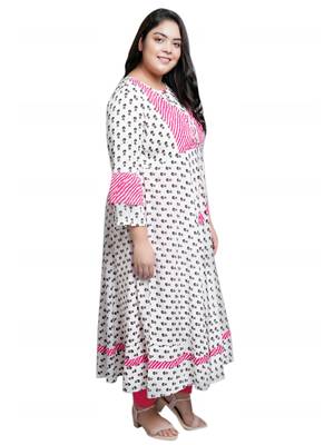 Women'S Plus Size Rayon Floral Printed Anarkali Kurti (White) 4