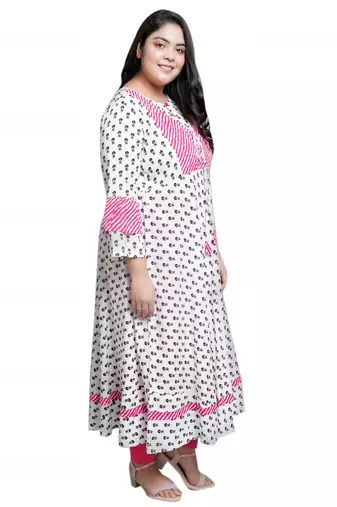 Women'S Plus Size Rayon Floral Printed Anarkali Kurti (White)