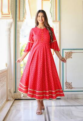 Women'S Floral Printed Anarkali Kurti(Pink) 1