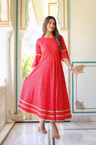 Women'S Floral Printed Anarkali Kurti(Pink)