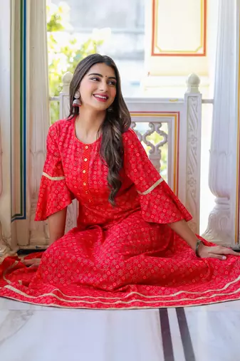 Women'S Floral Printed Anarkali Kurti(Pink)