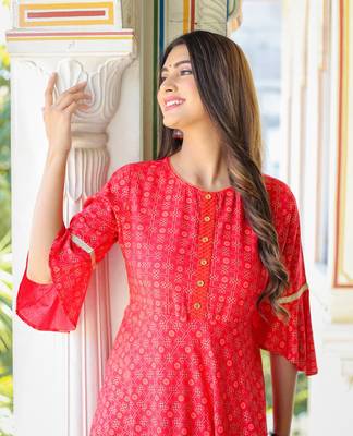 Women'S Floral Printed Anarkali Kurti(Pink) 5