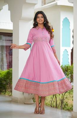 Women'S Pink Polyester Embroidered Anarkali Kurta (Pink) 1