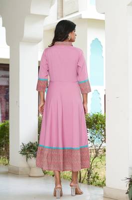 Women'S Pink Polyester Embroidered Anarkali Kurta (Pink) 3