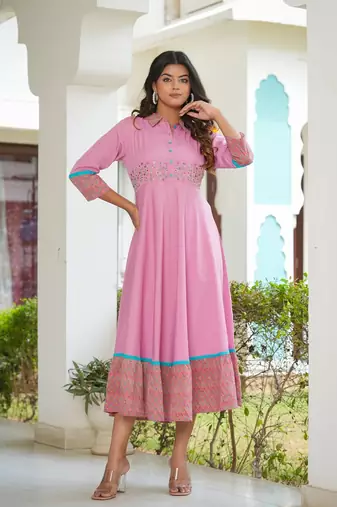 Women'S Pink Polyester Embroidered Anarkali Kurta (Pink)