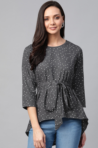 Women'S Rayon Polka Dot Printed Regular Top(Grey)