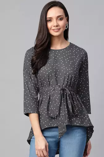 Women'S Rayon Polka Dot Printed Regular Top(Grey)