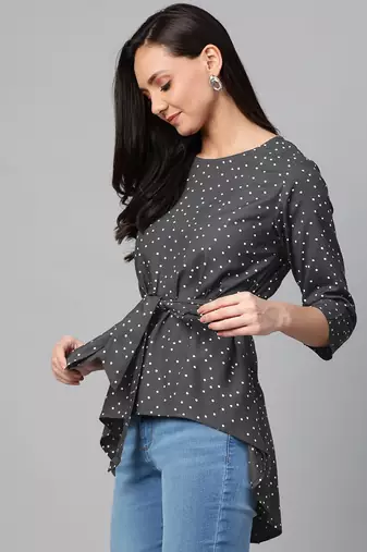 Women'S Rayon Polka Dot Printed Regular Top(Grey)