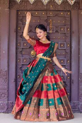 Premium Woven with Zari Work Semi-Stitched Half Saree with Unstitched Blouse with Dupatta 1