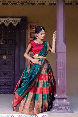 Premium Woven with Zari Work Semi-Stitched Half Saree with Unstitched Blouse with Dupatta 4