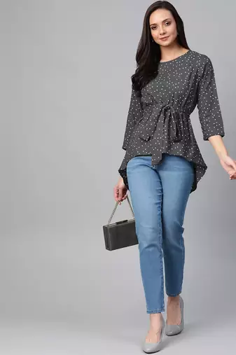 Women'S Rayon Polka Dot Printed Regular Top(Grey)