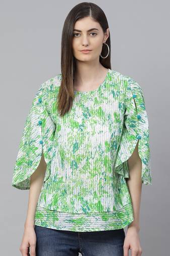 Women'S Cotton Tie & Dye Printed Regular Top (Green)