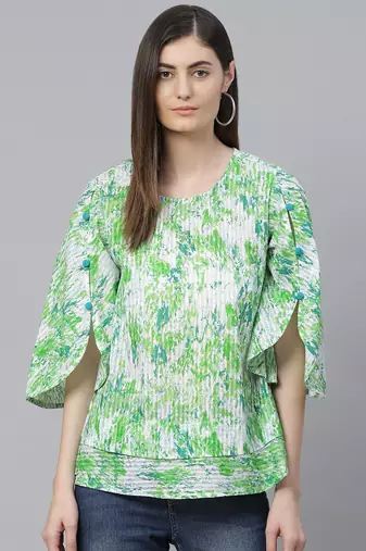 Women'S Cotton Tie & Dye Printed Regular Top (Green)
