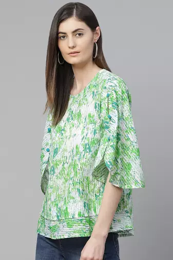 Women'S Cotton Tie & Dye Printed Regular Top (Green)