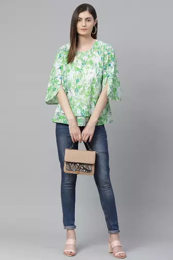 Women'S Cotton Tie & Dye Printed Regular Top (Green)