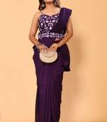 ready to wear vichitra silk purple saree with embroidery work unstitched blouse piece with embroidery waist belt
