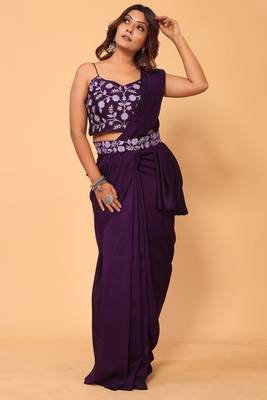 ready to wear vichitra silk purple saree with embroidery work unstitched blouse piece with embroidery waist belt 2