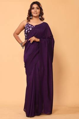 ready to wear vichitra silk purple saree with embroidery work unstitched blouse piece with embroidery waist belt 3