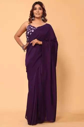 ready to wear vichitra silk purple saree with embroidery work unstitched blouse piece with embroidery waist belt