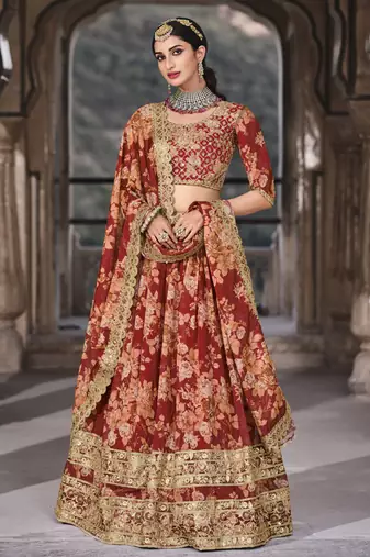 Red Dori Zari And Sequins Embroidered Organza Floral Lehenga Choli
