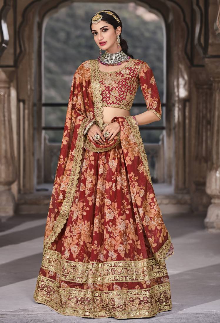 Red Dori Zari And Sequins Embroidered Organza Floral Lehenga Choli