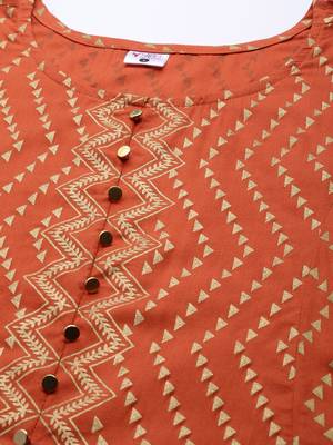 Women'S Rayon Zig-Zag Gold Print Anarkali Kurta (Orange) 2