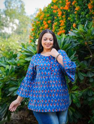 Women'S Cotton Indigo Geomatrical Printed Flared Top (Blue) 1