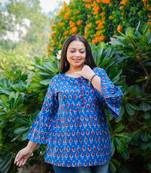 Women'S Cotton Indigo Geomatrical Printed Flared Top (Blue)