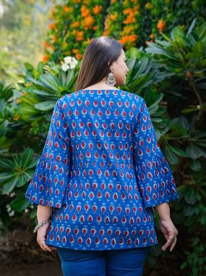 Women'S Cotton Indigo Geomatrical Printed Flared Top (Blue) 3