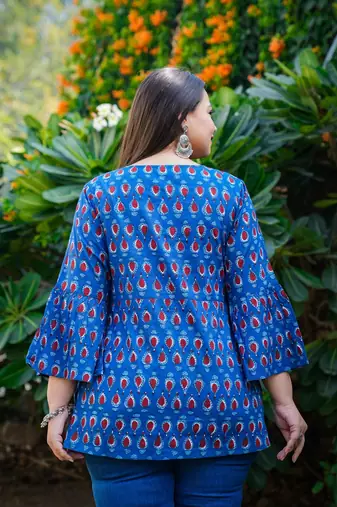 Women'S Cotton Indigo Geomatrical Printed Flared Top (Blue)