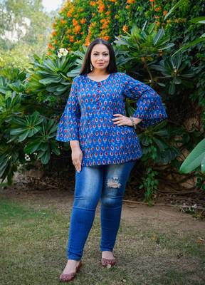 Women'S Cotton Indigo Geomatrical Printed Flared Top (Blue) 4