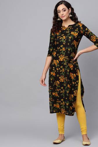 Women black printed rayon ethnic kurti