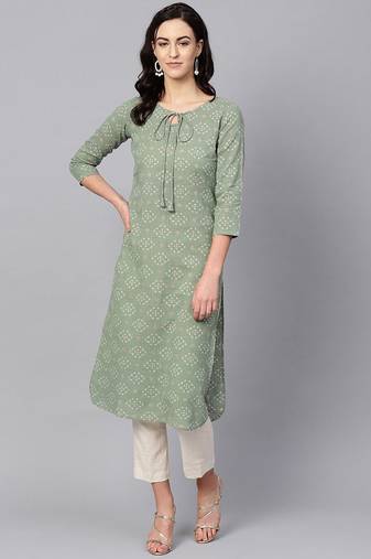 Women green printed cotton ethnic kurti