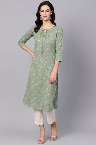Women green printed cotton ethnic kurti