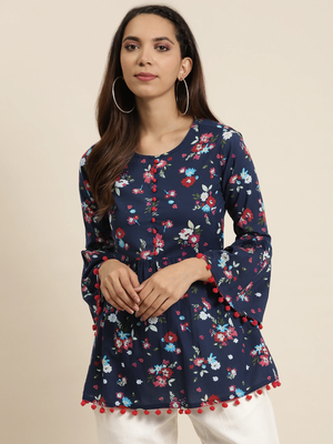 Women'S Cotton Floral Printed Flared Top (Blue) 1