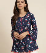 Women'S Cotton Floral Printed Flared Top (Blue)