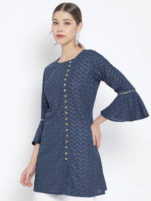 Women'S Zig Zag Printed Short Kurti (Blue) 2