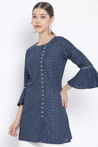 Women'S Zig Zag Printed Short Kurti (Blue)